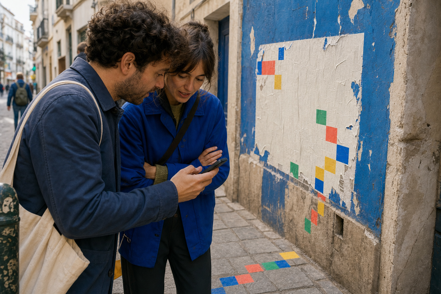 A person discovering a clue in the city
